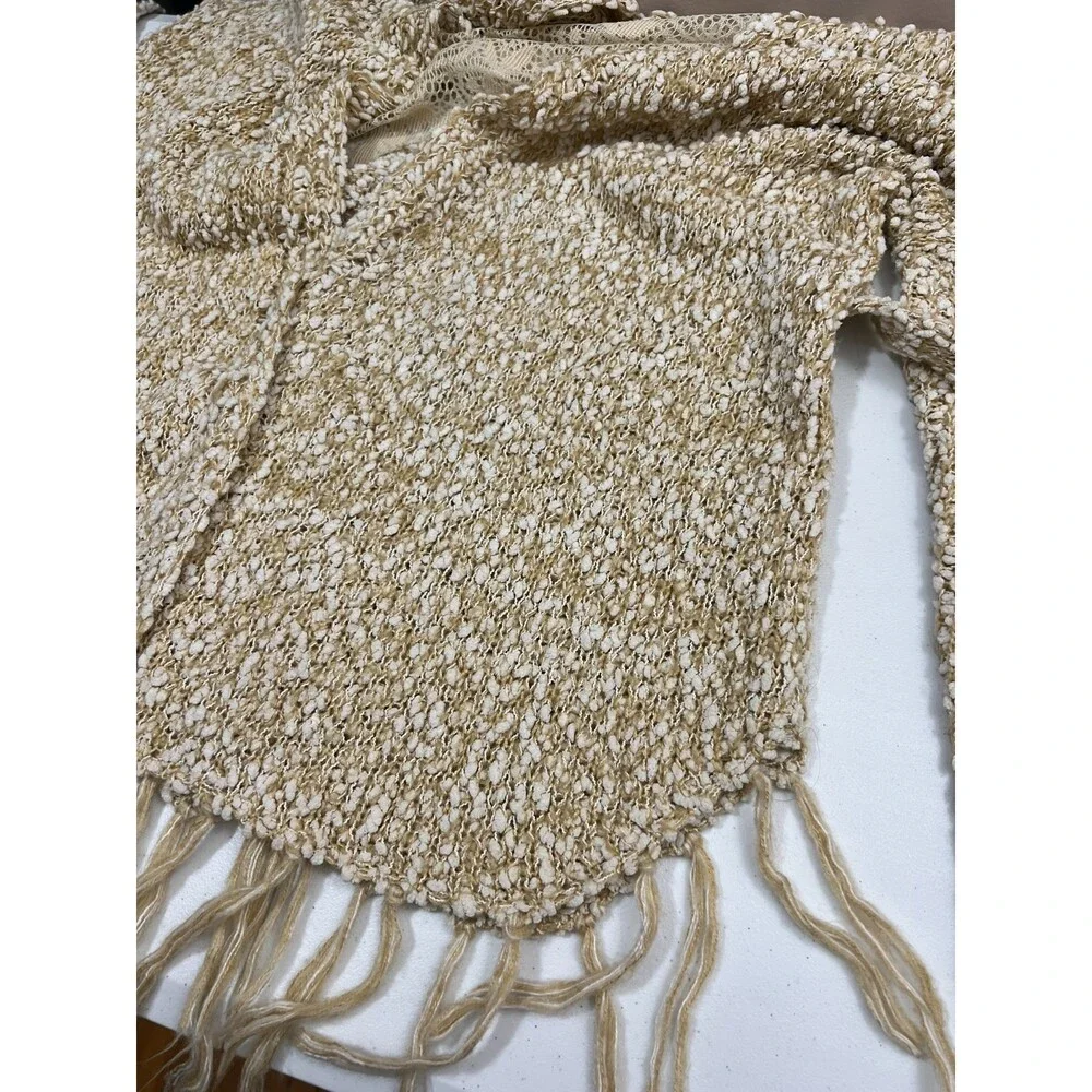 Ryu Women's Tan White Popcorn Long Open Cardigan With Tie Size S / M